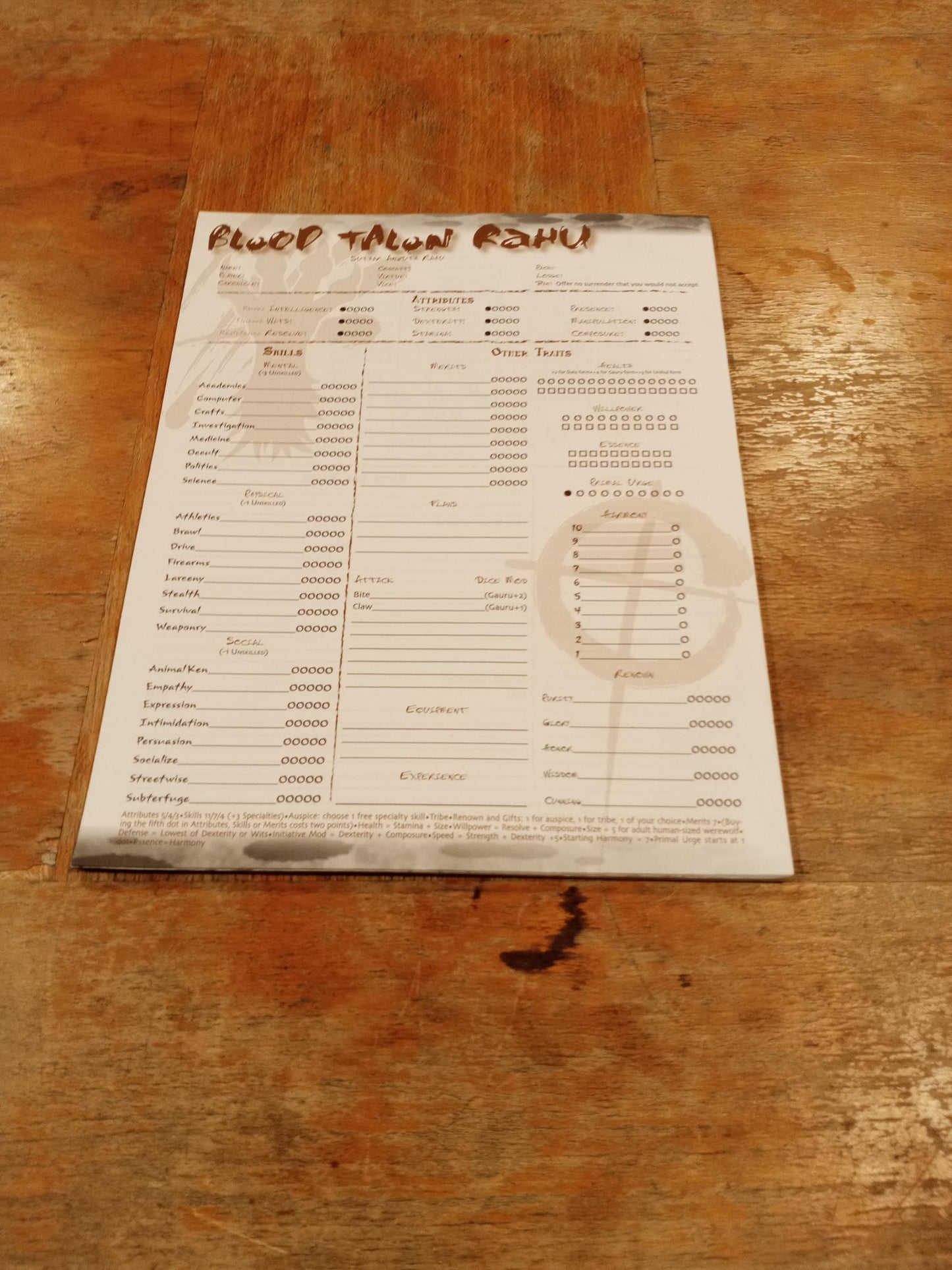 Werewolf the Forsaken Character Sheet Pad