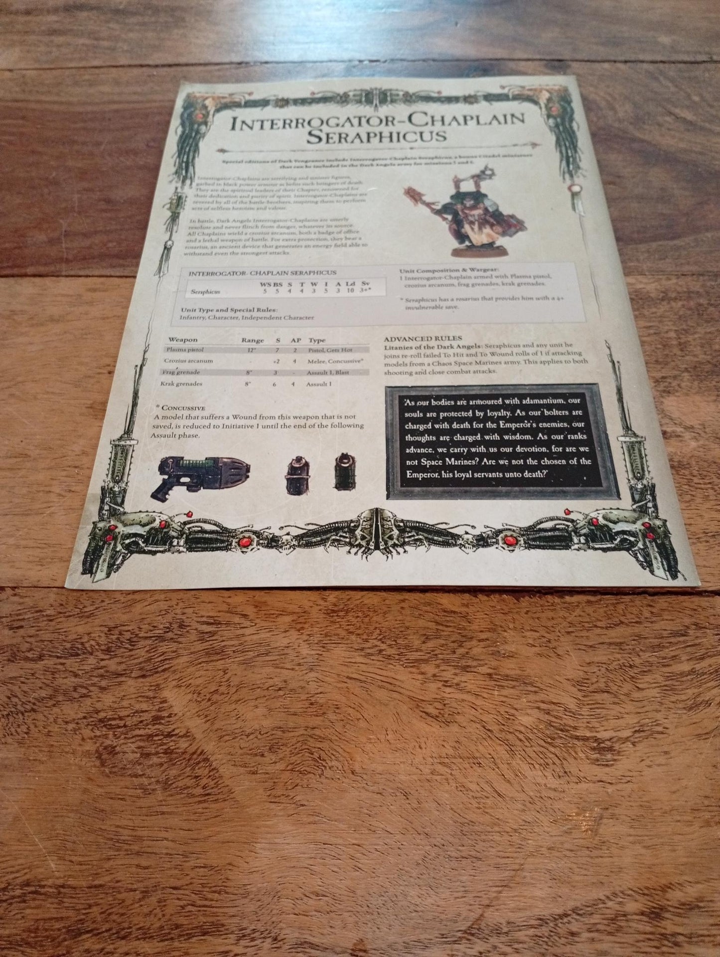 Warhammer 40k Dark Angels Interrogator-Chaplain Seraphicus Play Sheet