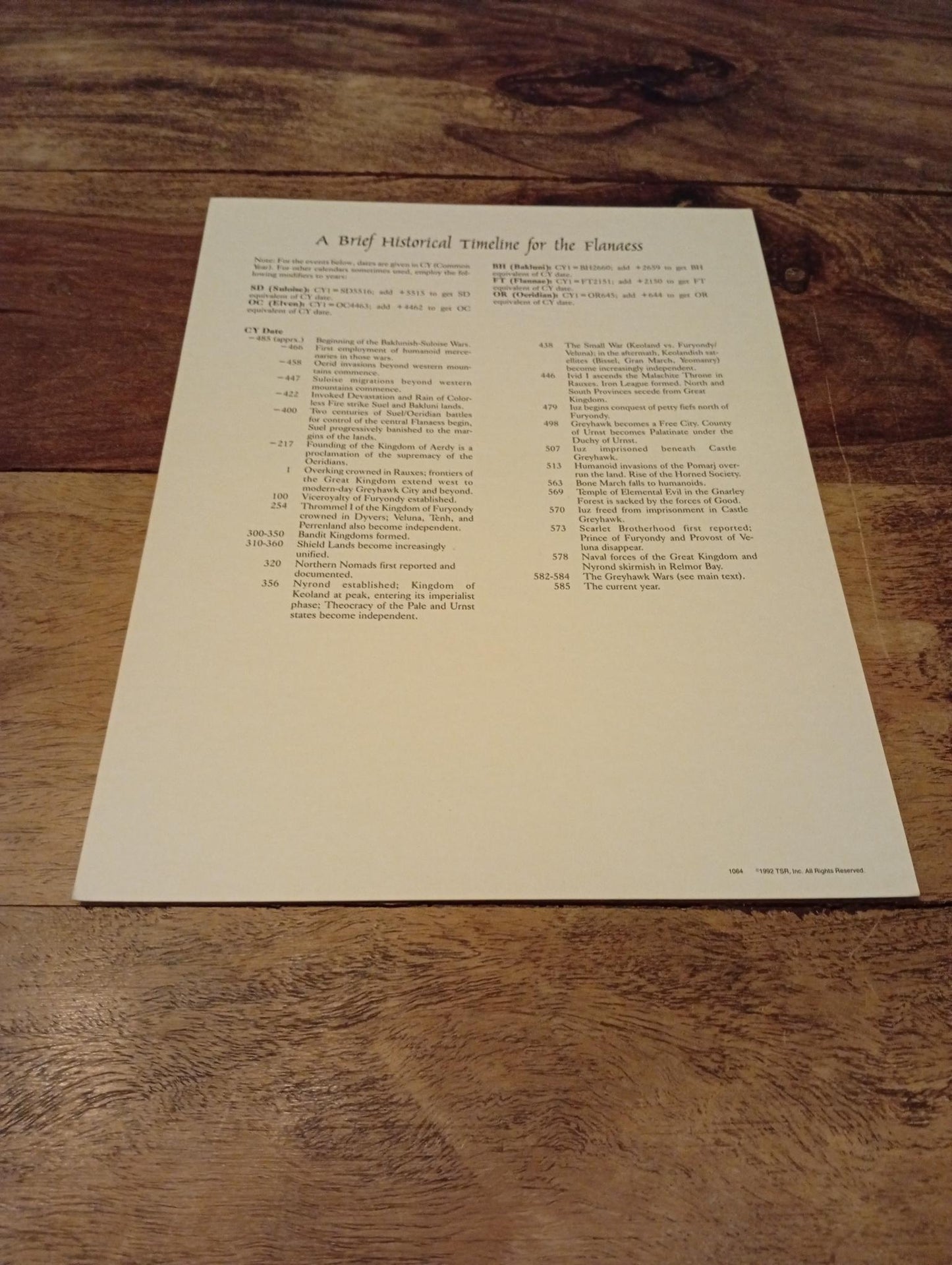 AD&D Greyhawk Reference Card #1 TSR 1064