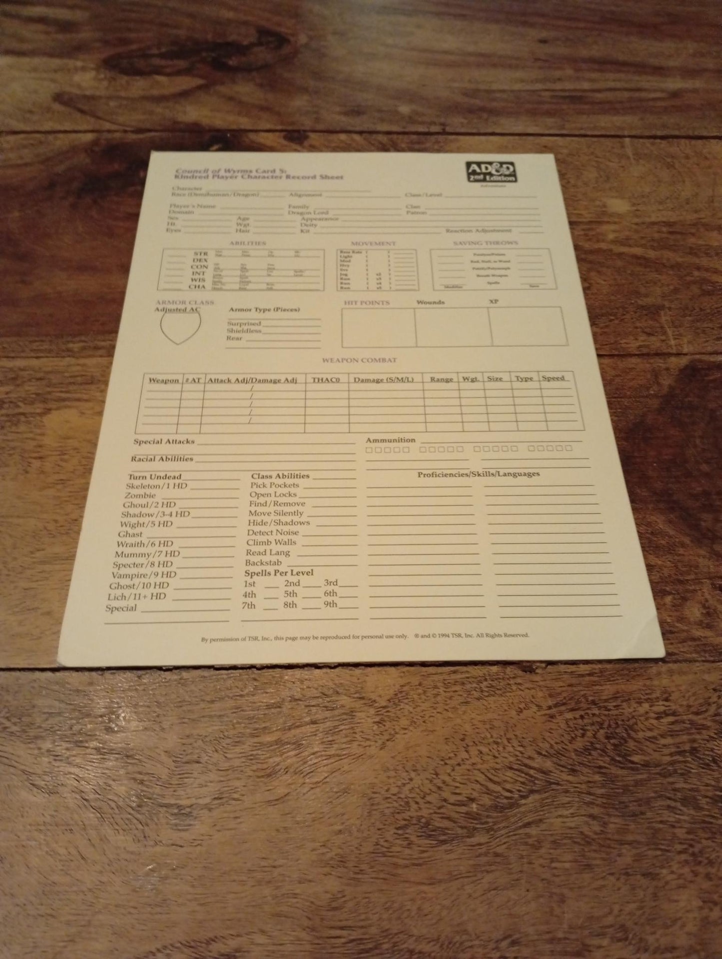 AD&D Council of Wyrms Reference Card #5 TSR 1107 AD&D 1994