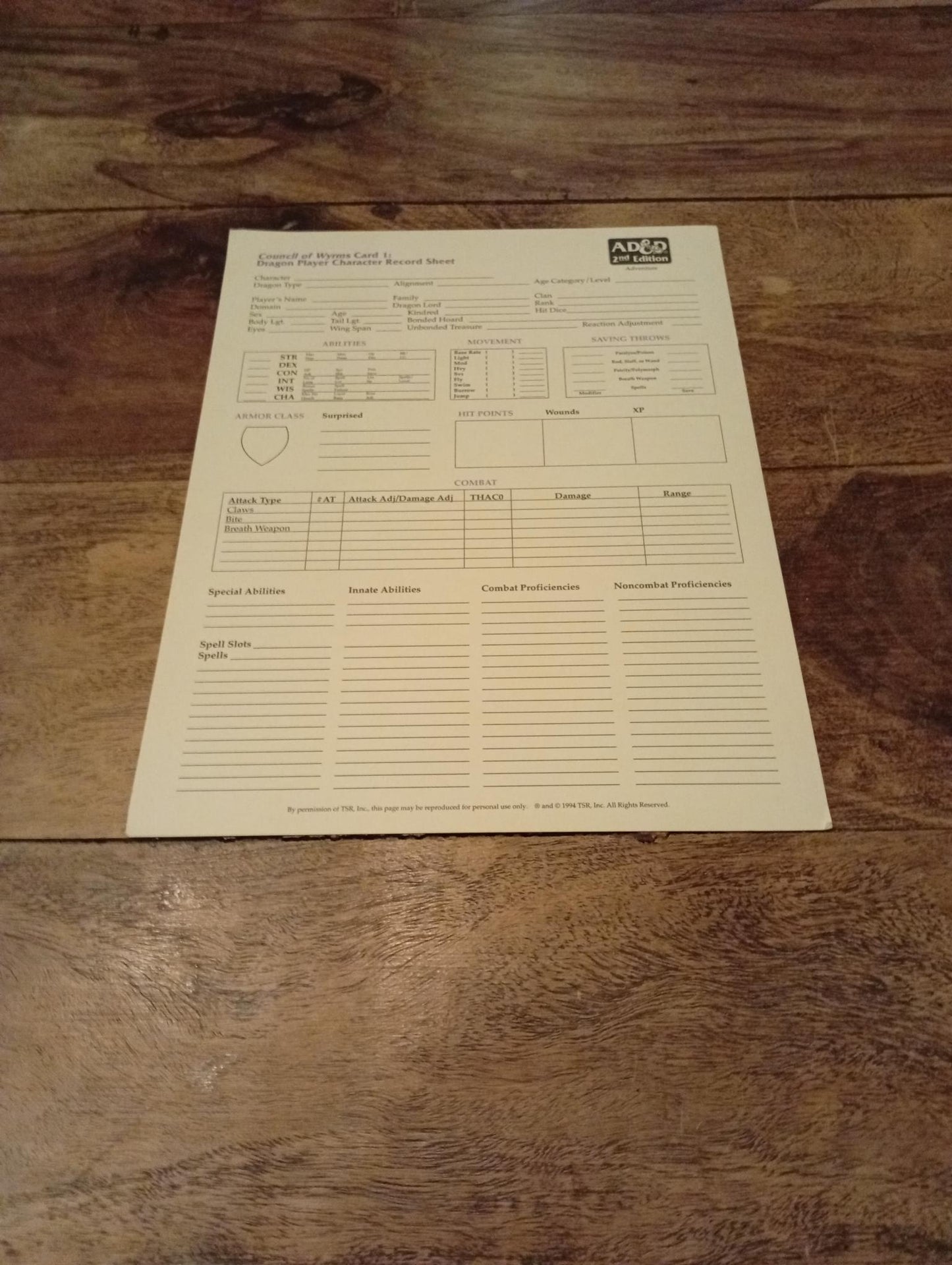 AD&D Council of Wyrms Reference Card #1 TSR 1107 AD&D 1994