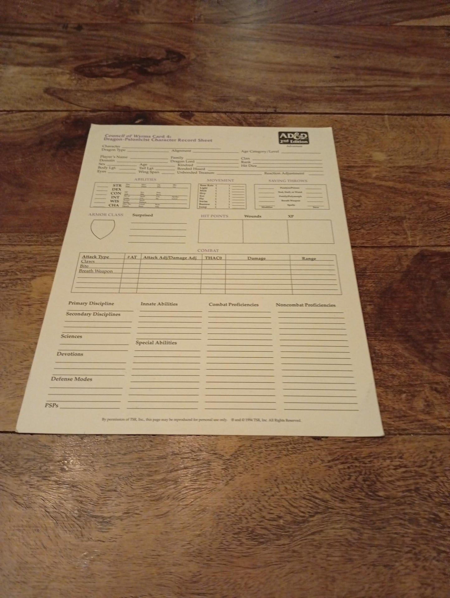 AD&D Council of Wyrms Reference Card #4 TSR 1107 AD&D 1994