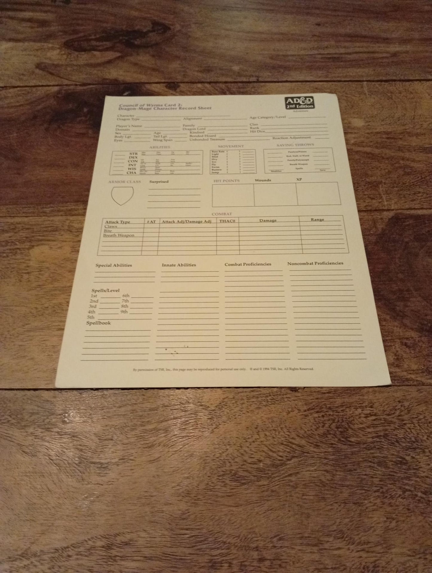 AD&D Council of Wyrms Reference Card #2 TSR 1107 AD&D 1994