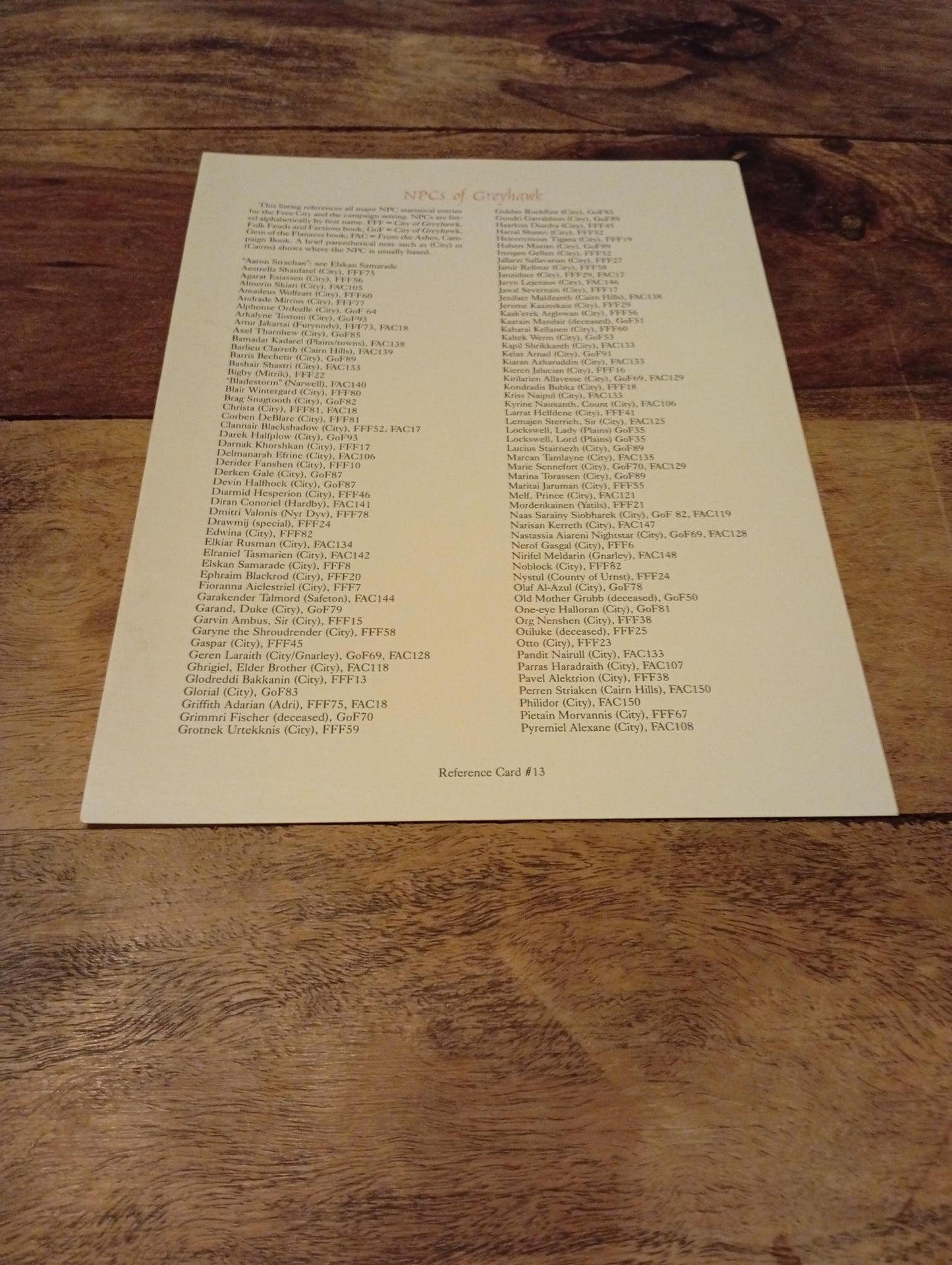 AD&D Greyhawk Reference Card #13 TSR 1064