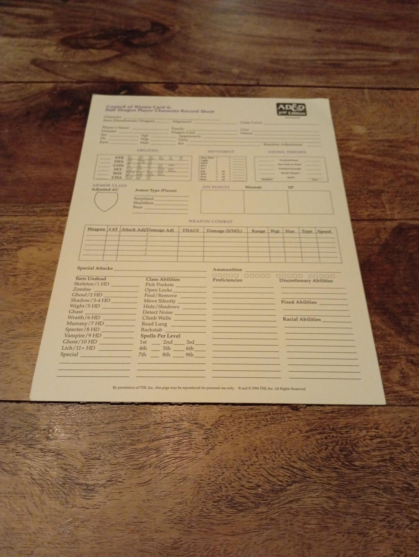 AD&D Council of Wyrms Reference Card #6 TSR 1107 AD&D 1994