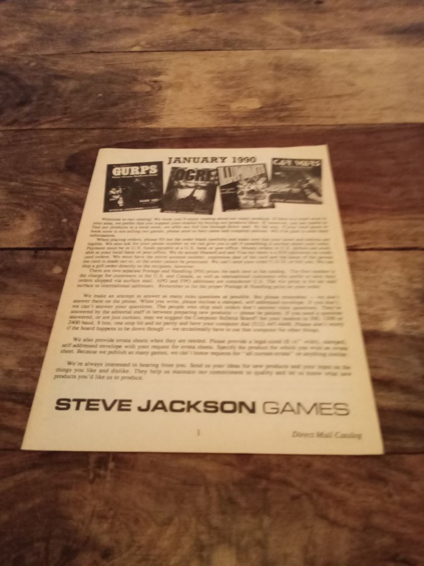 Steve Jackson Games Black & White Catalog January 1990